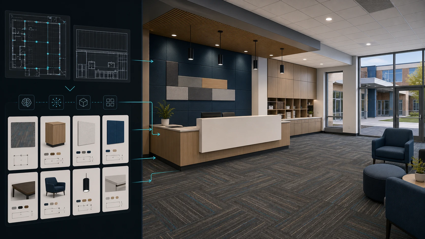Generated commercial reception preview showing plan and elevation inputs mapped to anonymous catalog items and finished casework