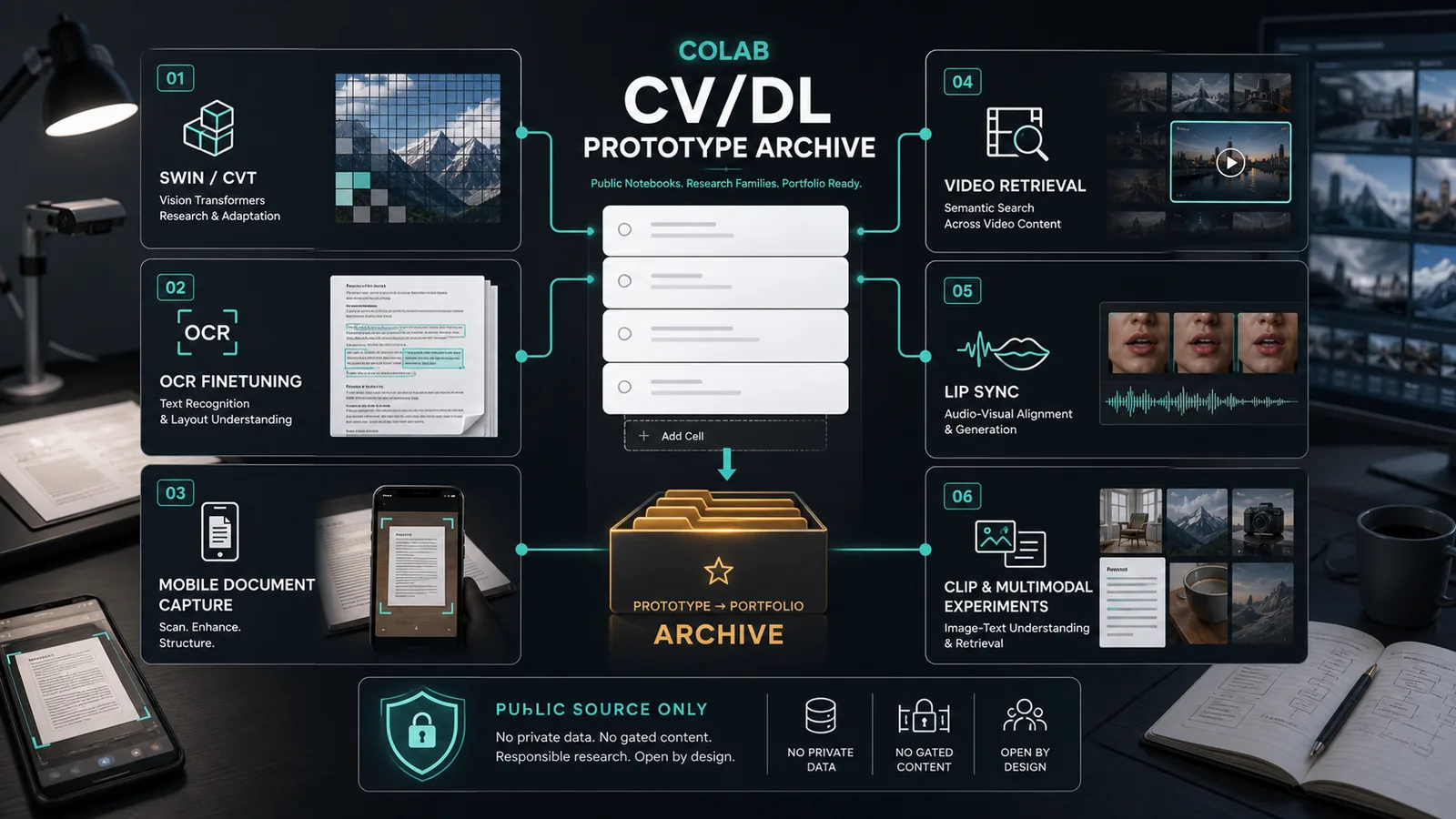 Generated CV and deep-learning prototype archive card with notebook lanes for transformers, OCR, mobile capture, video retrieval, and CLIP media work