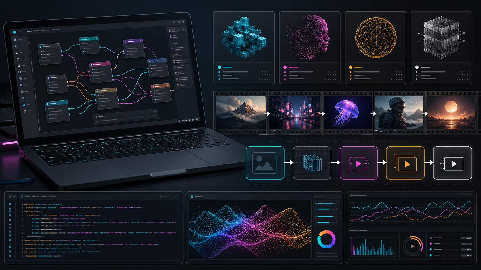 Generative AI notebook and ComfyUI prototype lab with node graphs and media pipeline frames
