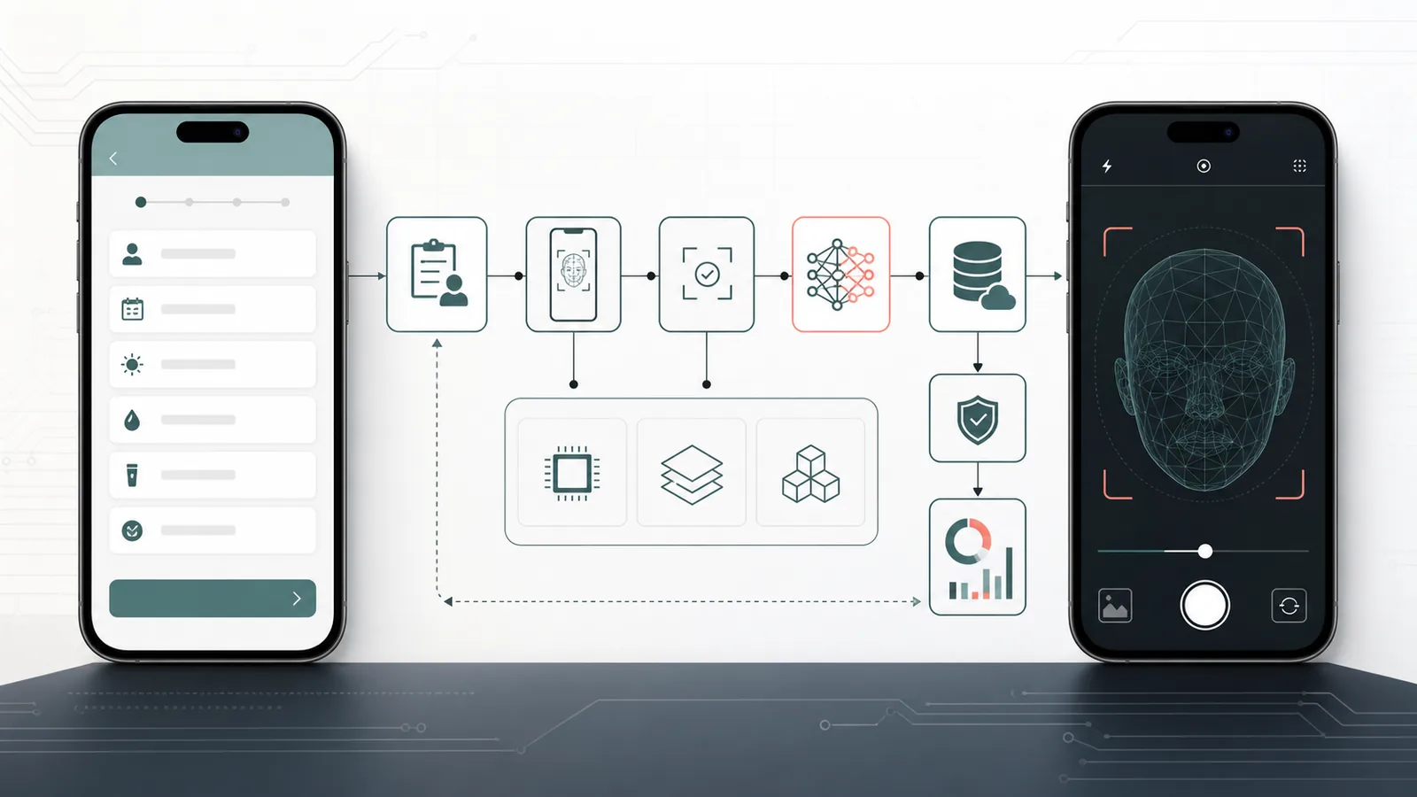 Generated public-safe mobile computer-vision card showing Dermaself capture, ROI gates, model runtime, and results flow without patient imagery