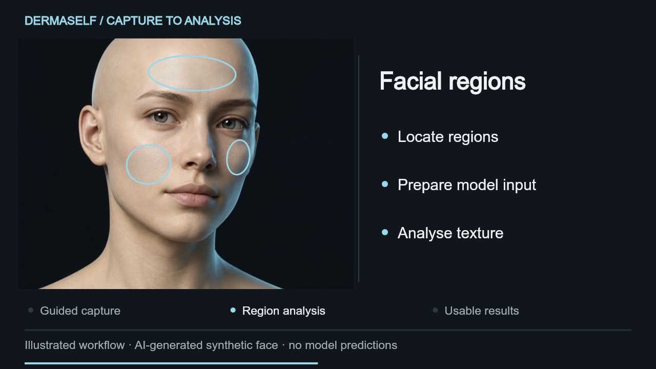 Illustrated Dermaself workflow showing facial regions on an AI-generated synthetic face