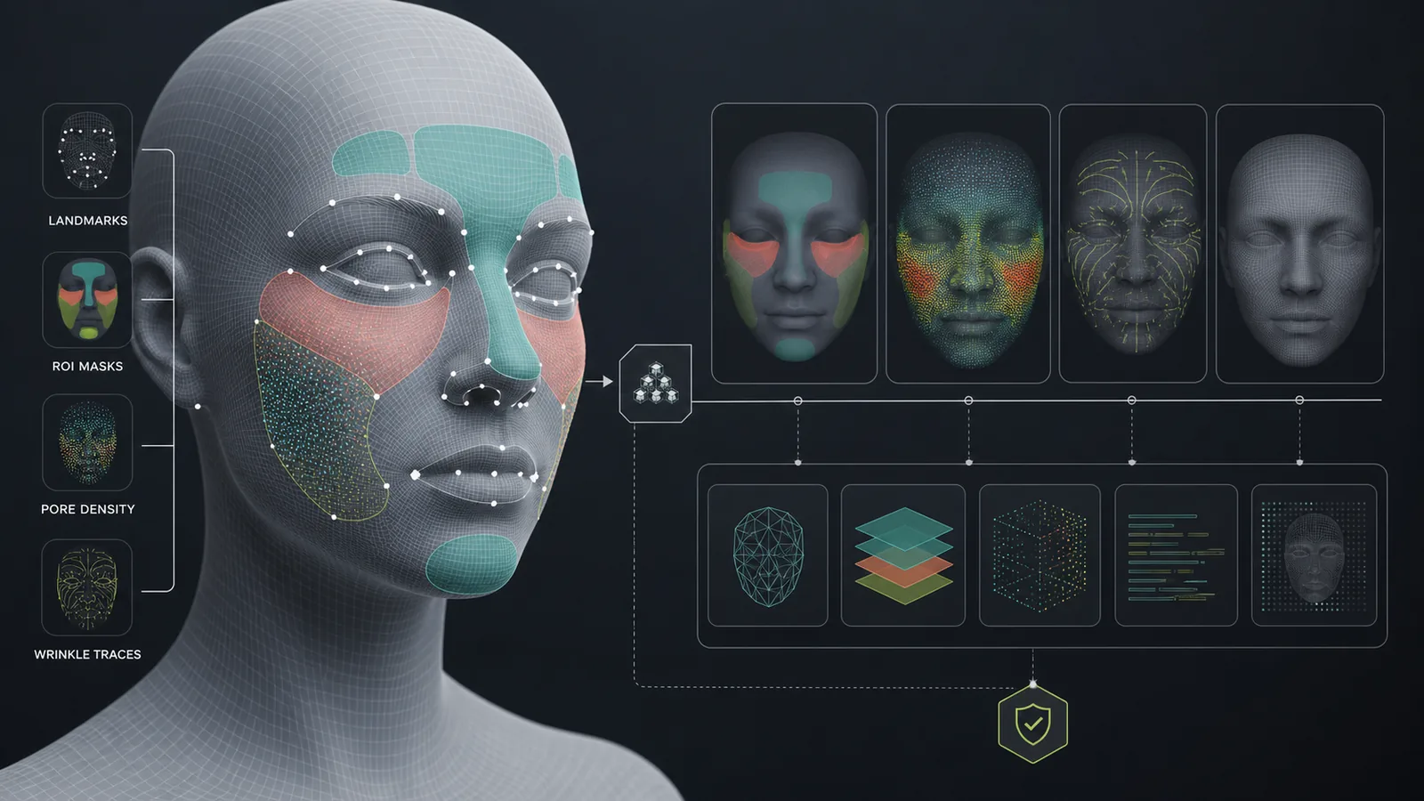 Generated public-safe face texture analysis card with anonymized mesh, ROI masks, pore heatmap, and wrinkle trace overlays