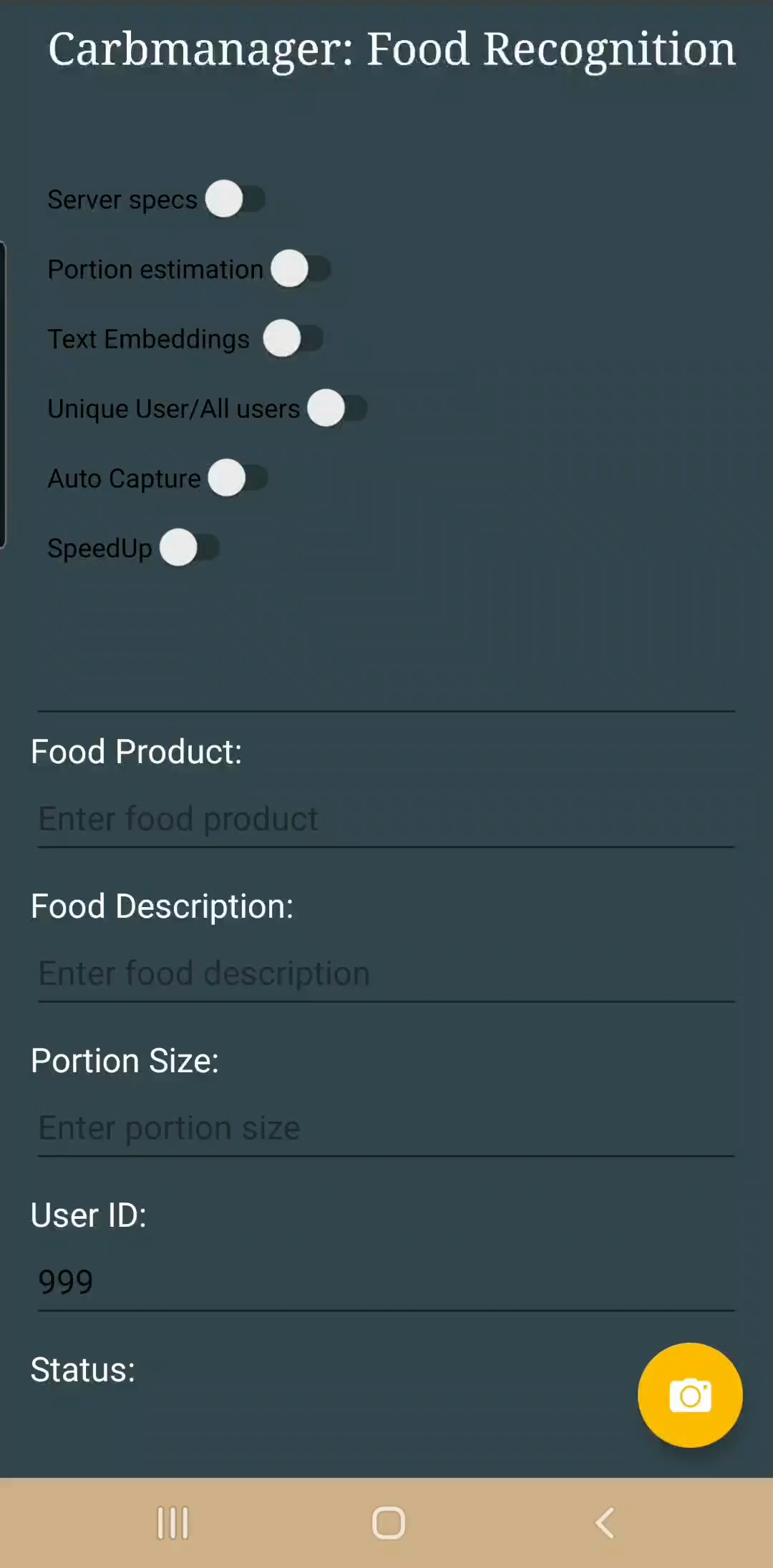 Food recognition app UI