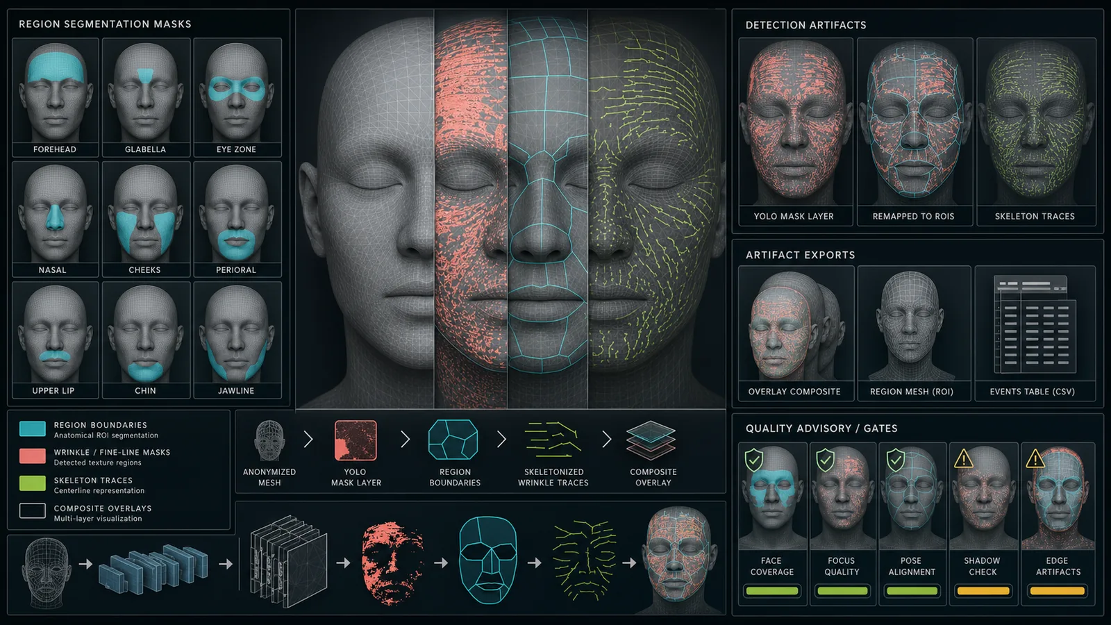 Generated full-face wrinkle segmentation lab card with anonymized face mesh, region masks, skeletonized traces, and QA artifact panels