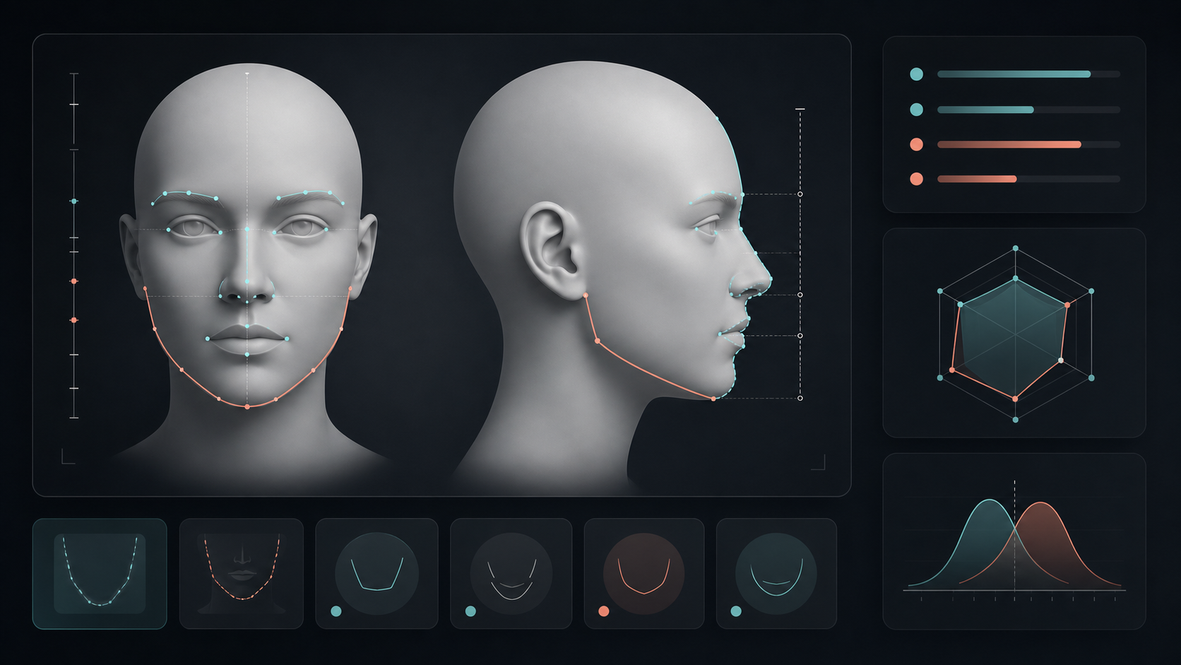 Anonymized jaw and face-type classification interface with facial landmarks and review charts