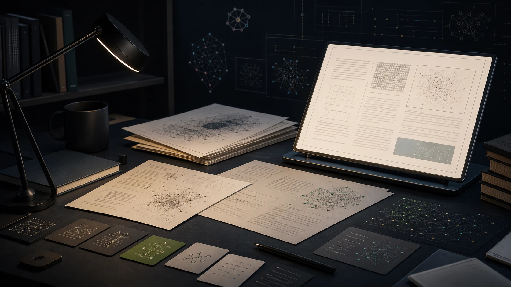 Editorial research desk with ML papers and neural diagrams