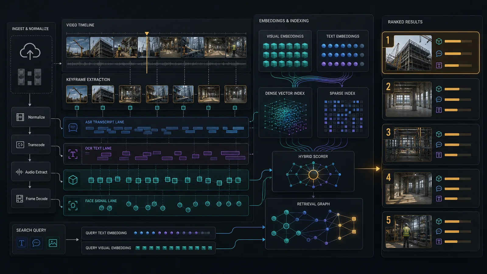 Generated multimodal video search card showing keyframe timelines, transcript and OCR lanes, embedding indexes, and ranked result panels