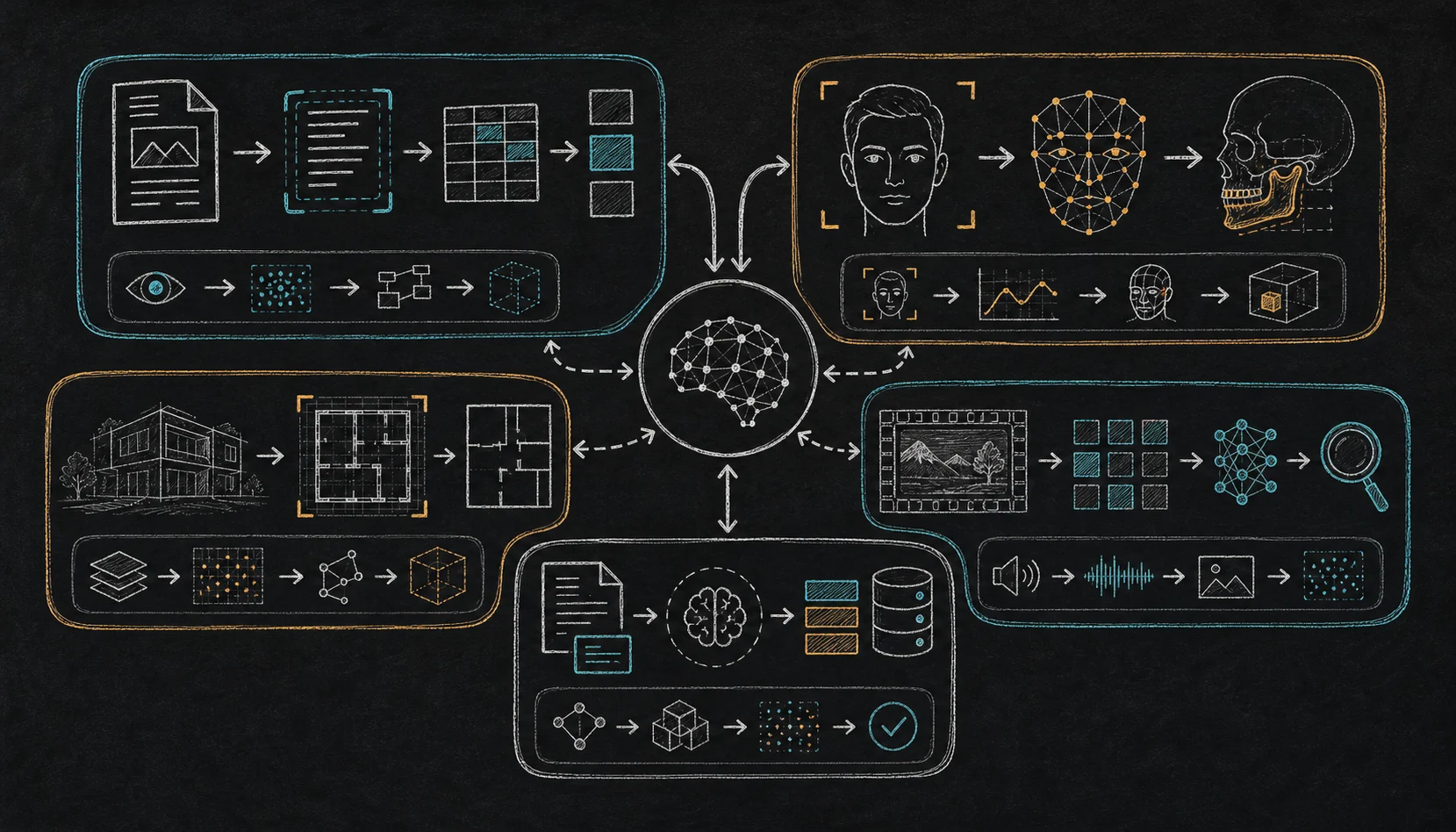 Excalidraw-style systems map for selected OCR, face analysis, architectural recognition, video search, and RAG automation projects