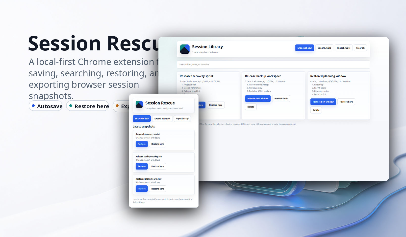 Session Rescue public product page with session library preview