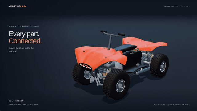 Animated Vehicle Lab preview: CAD inspection, revision tree and recorded simulation