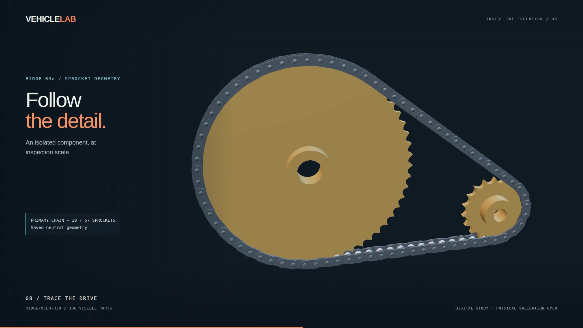 An isolated authored chain drive with individual links and sprocket teeth