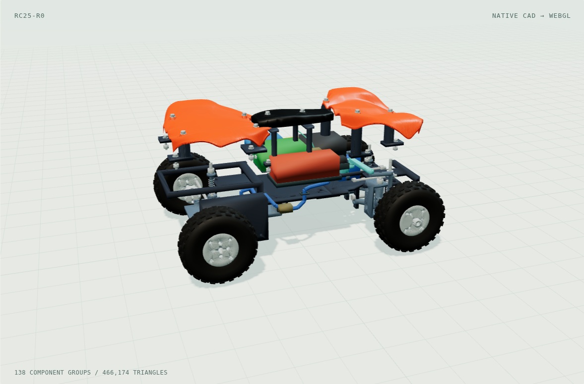 Exploded RC25 digital bench prototype with authored gears, bodywork and suspension